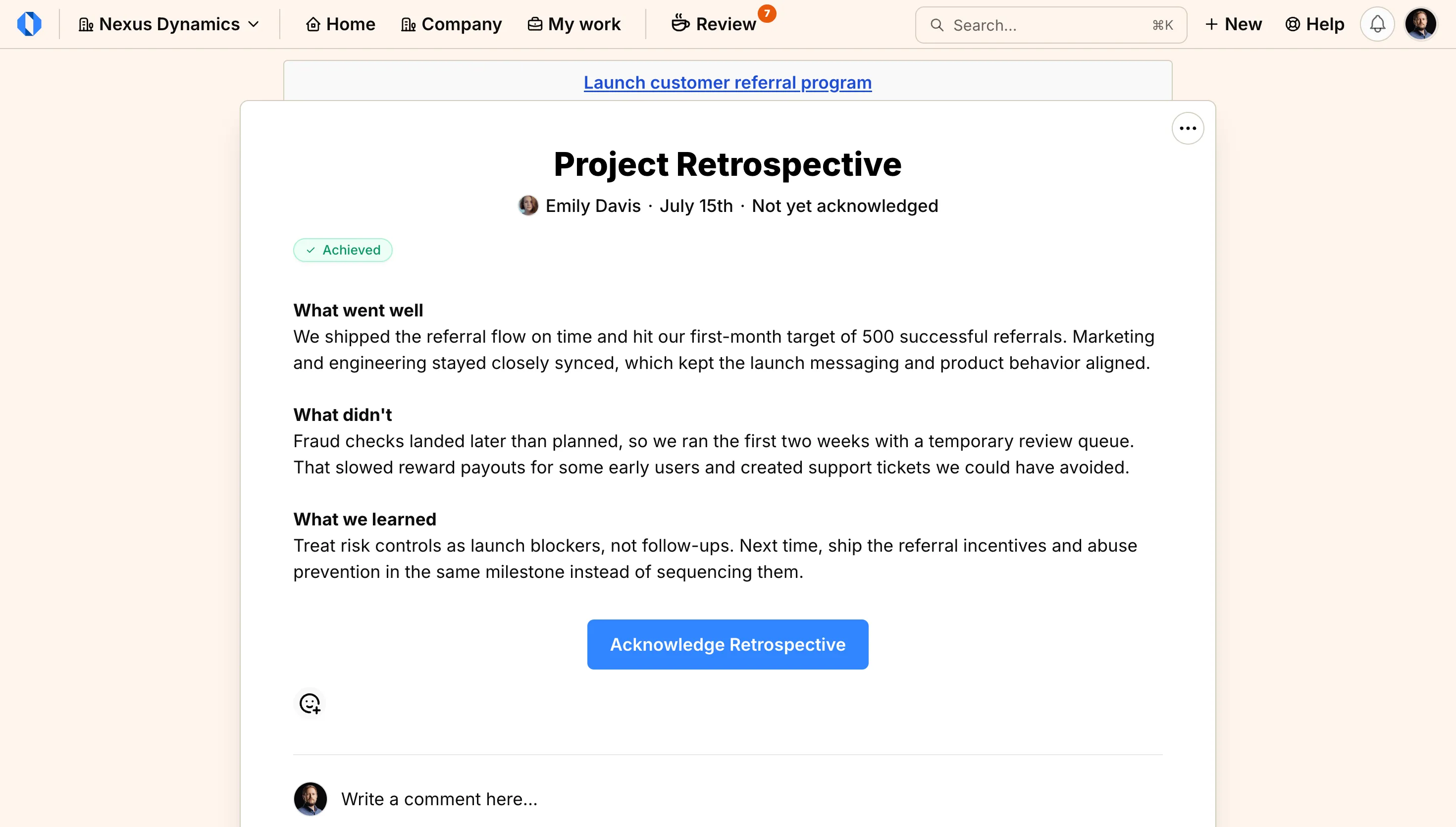 Project retrospective with Acknowledge Retrospective button