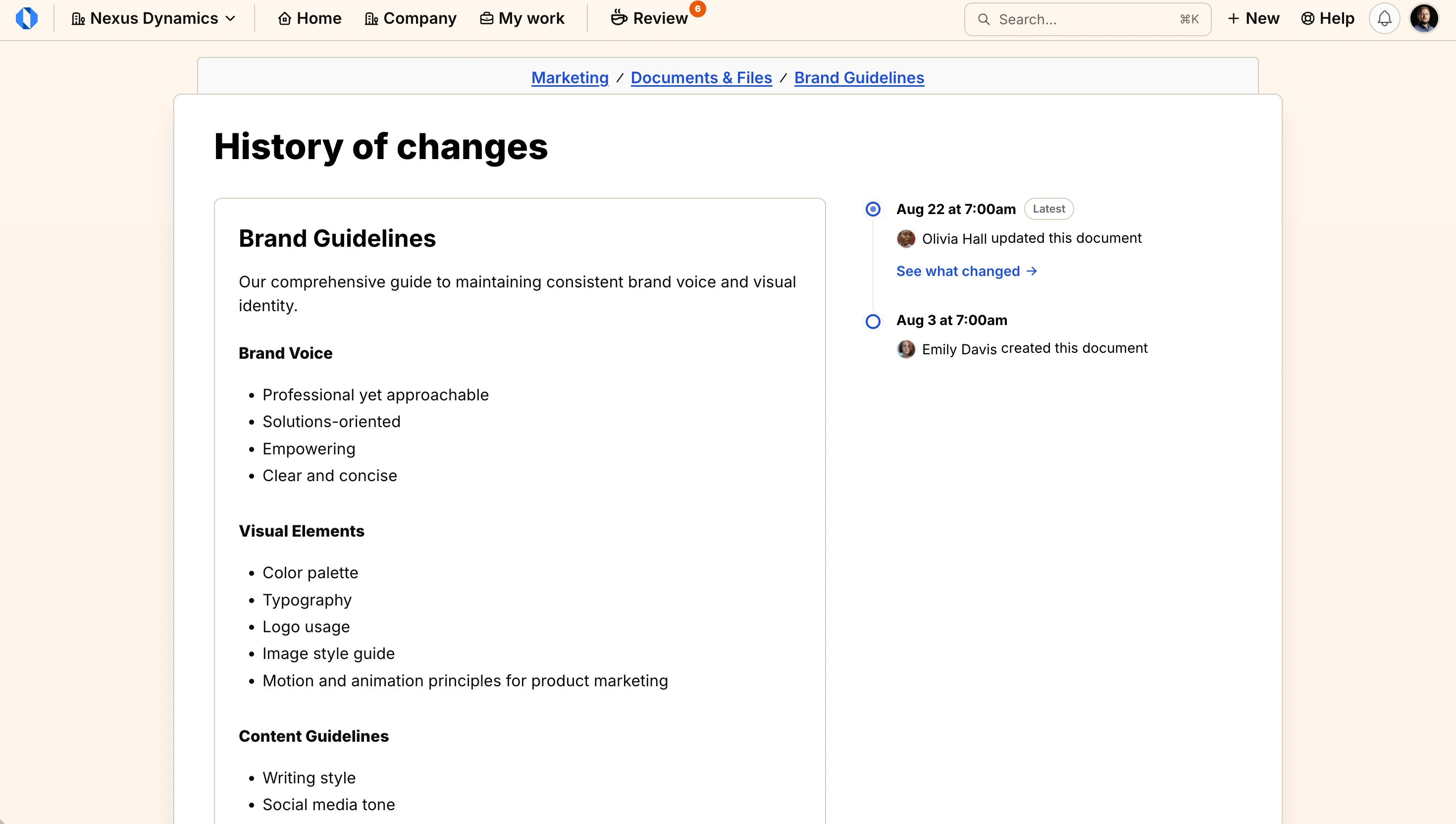 History of changes timeline with See what changed on a document version