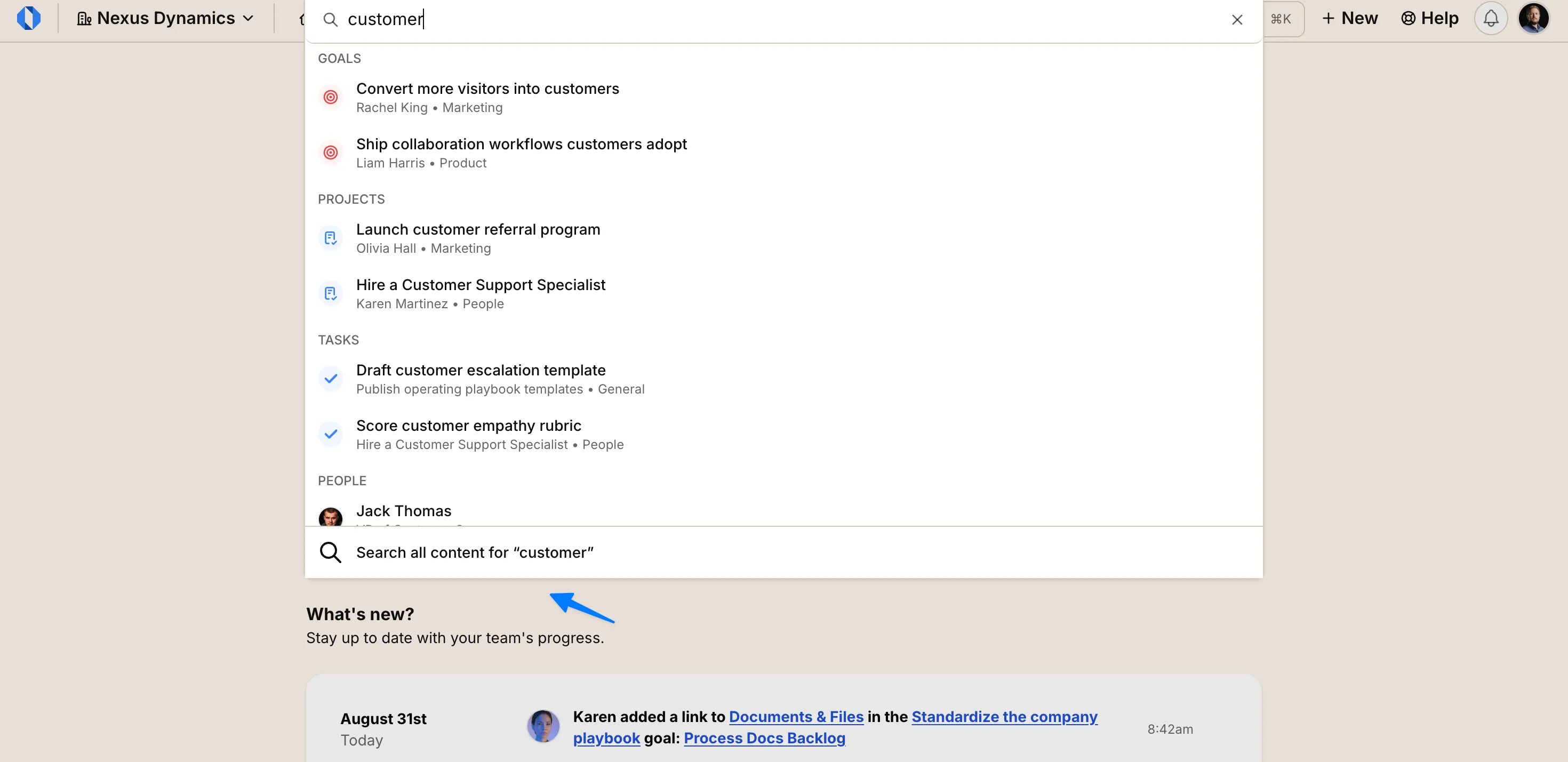 Search page with filters and results for titles and content