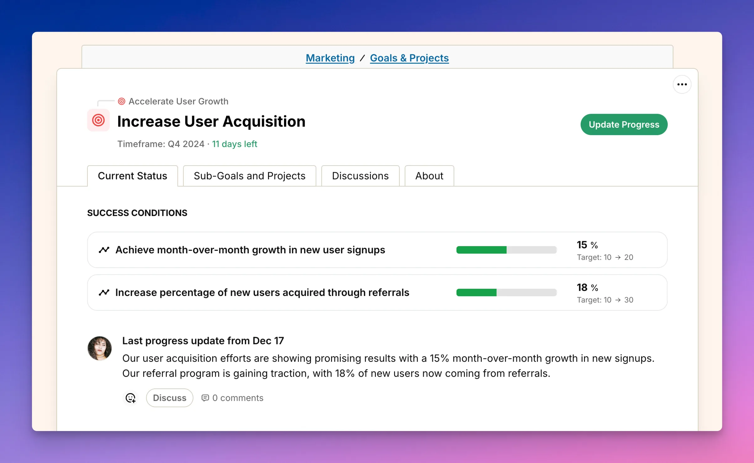 Screenshot: Goal page showing tabs and measures of success