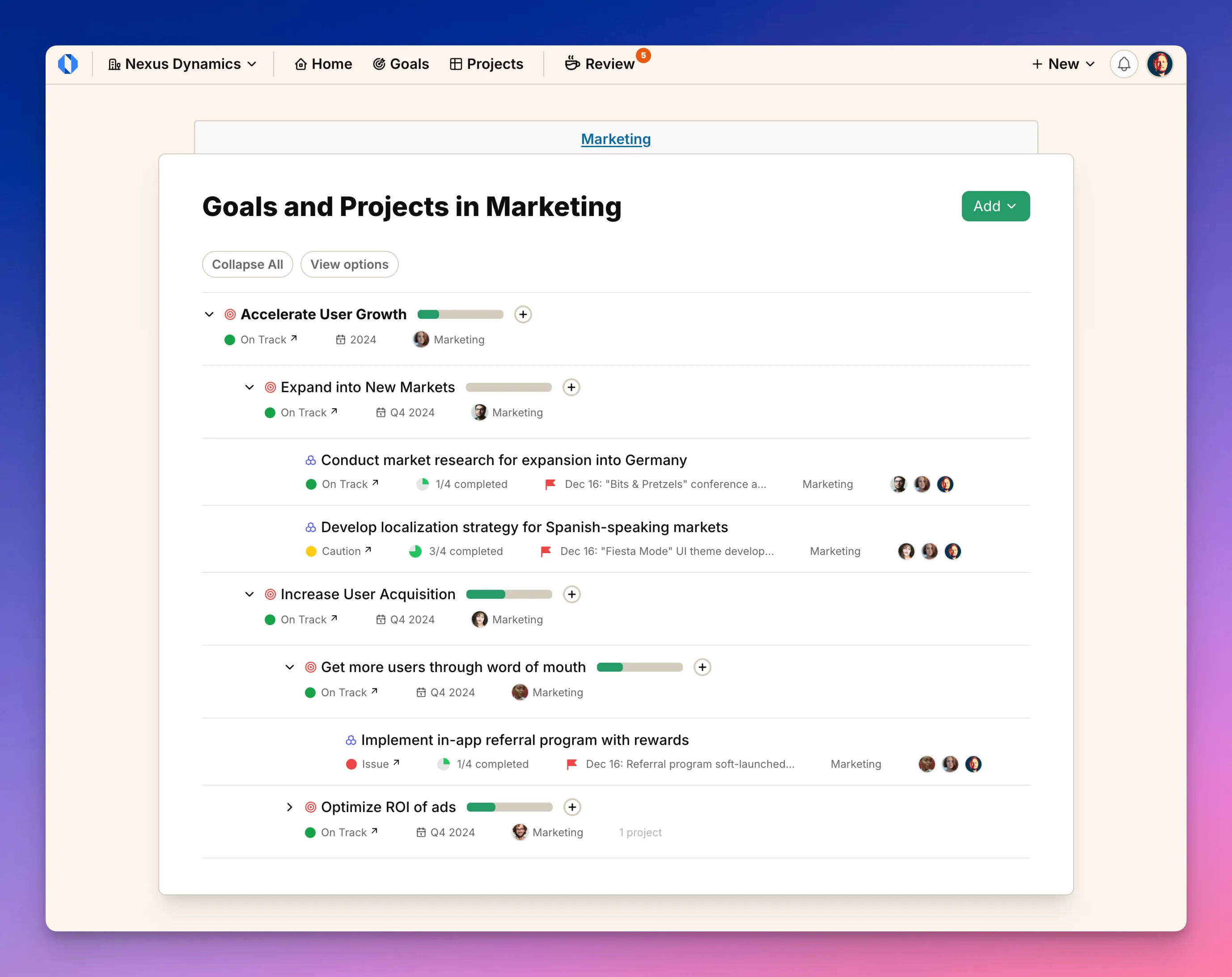 Screenshot: Expanded view of nested goals and projects