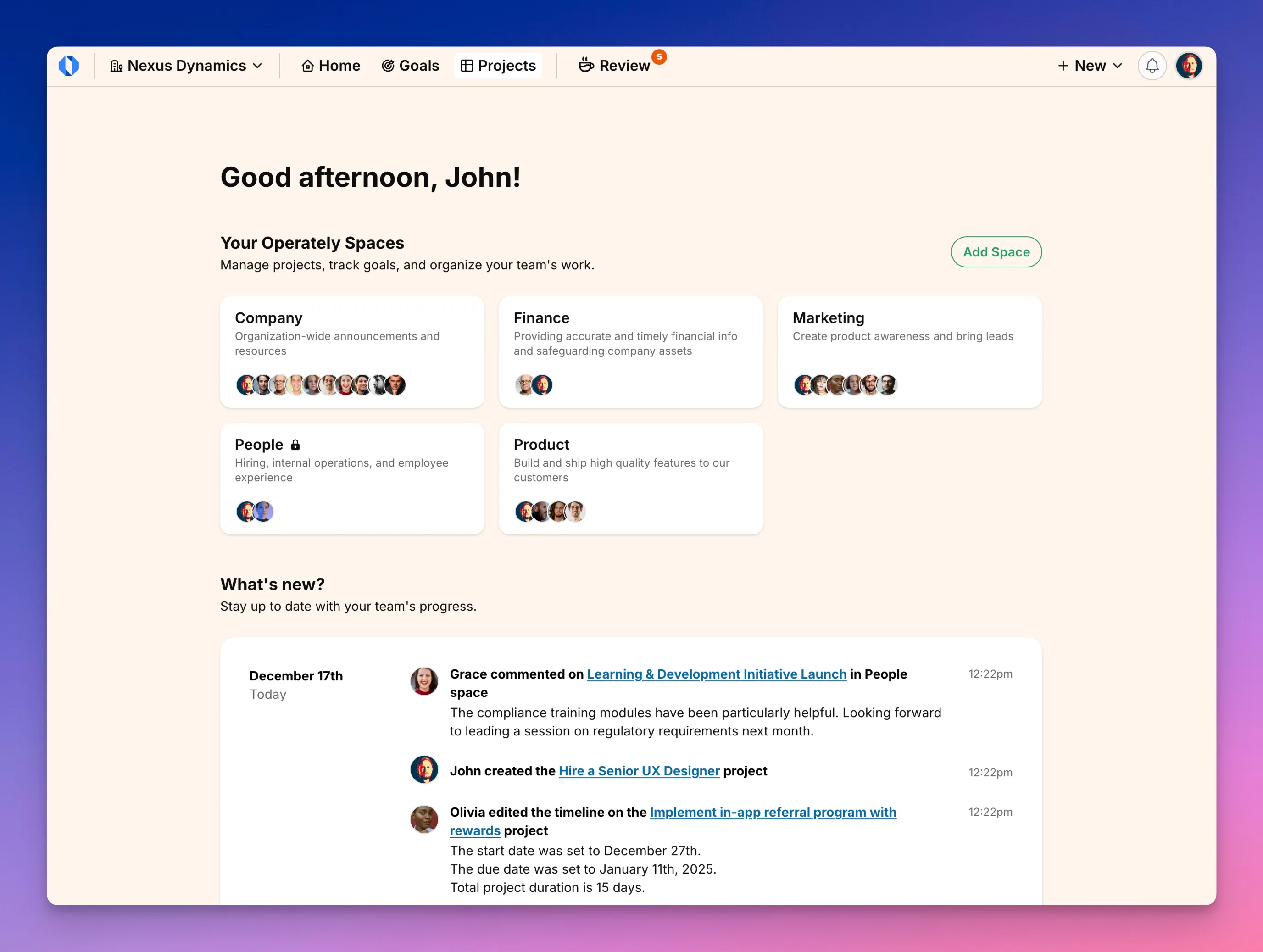 Screenshot: Home screen with spaces grid and activity feed