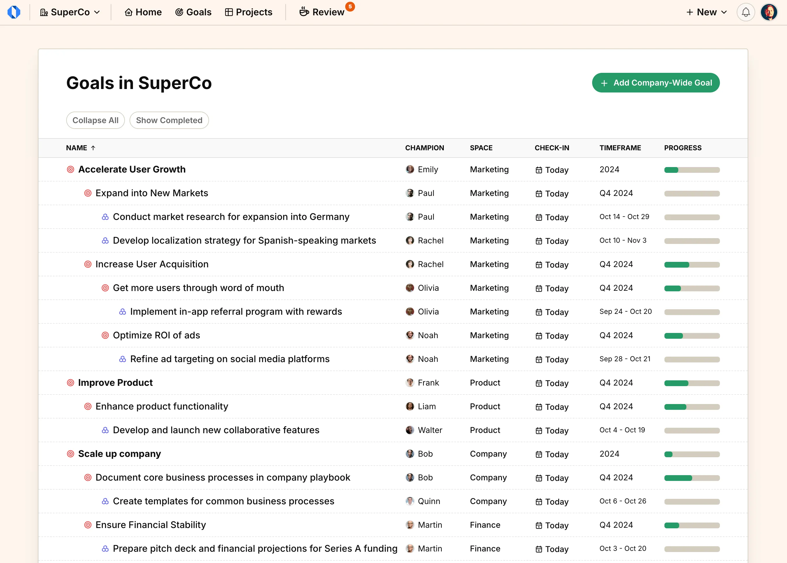 Operately screenshot, dashboard with goals and projects.