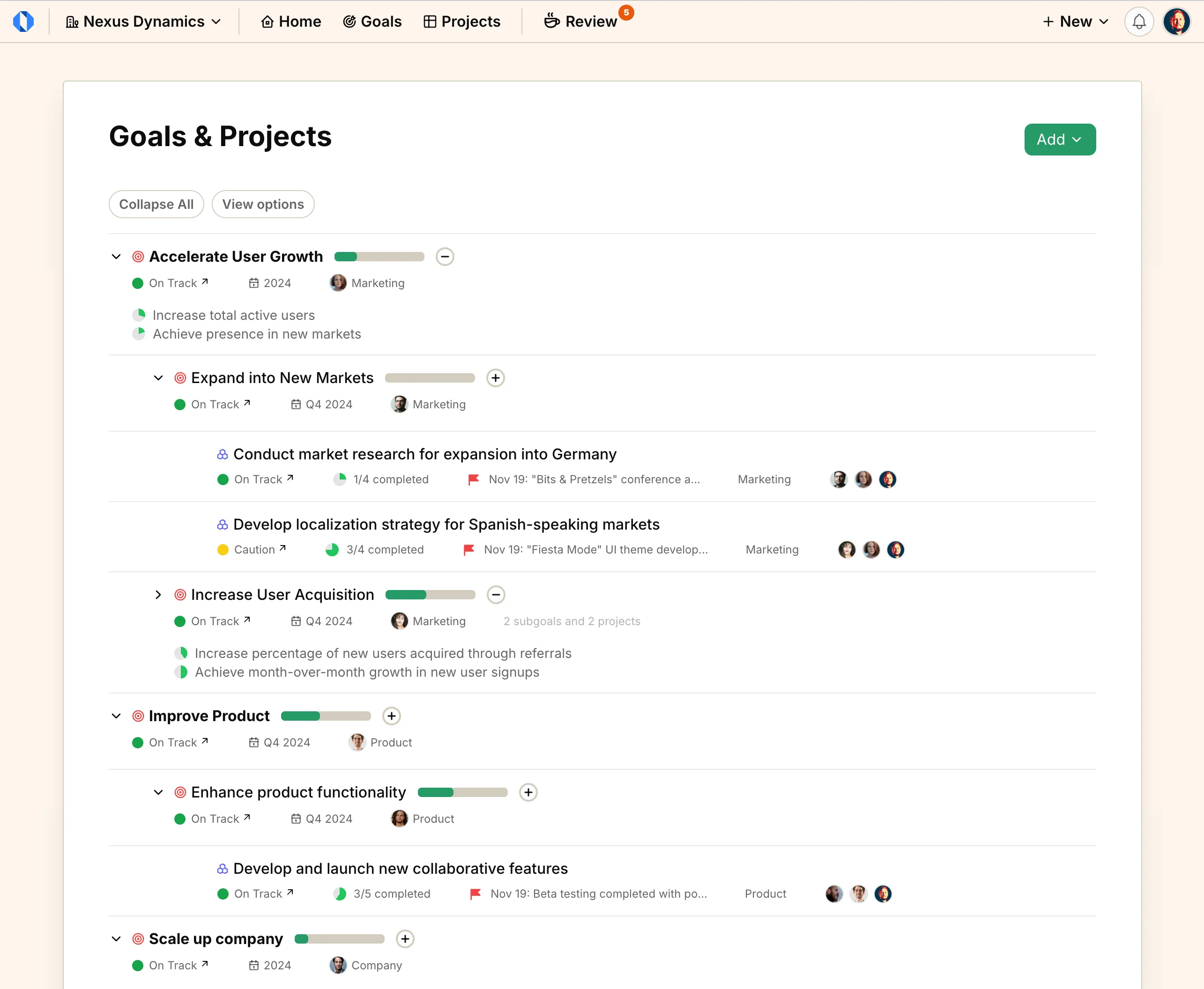 Operately screenshot, dashboard with goals and projects.