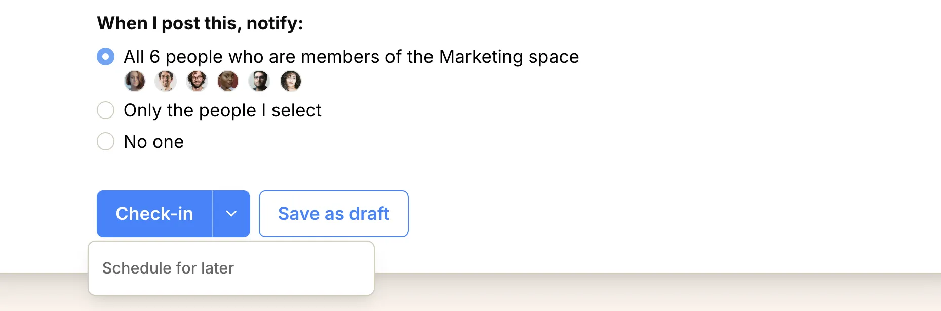 Screenshot: Check-in posting options with Schedule for later
