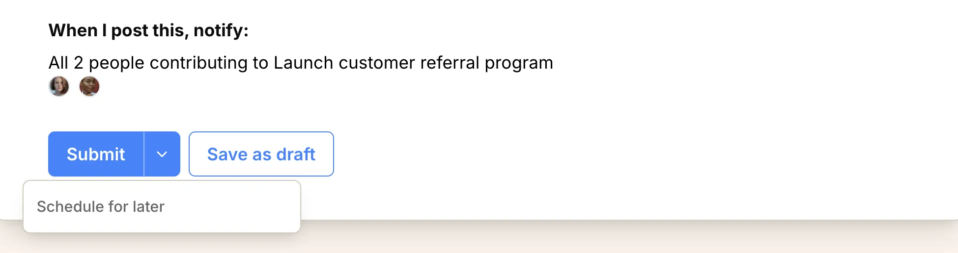 Screenshot: Check-in posting options with Schedule for later