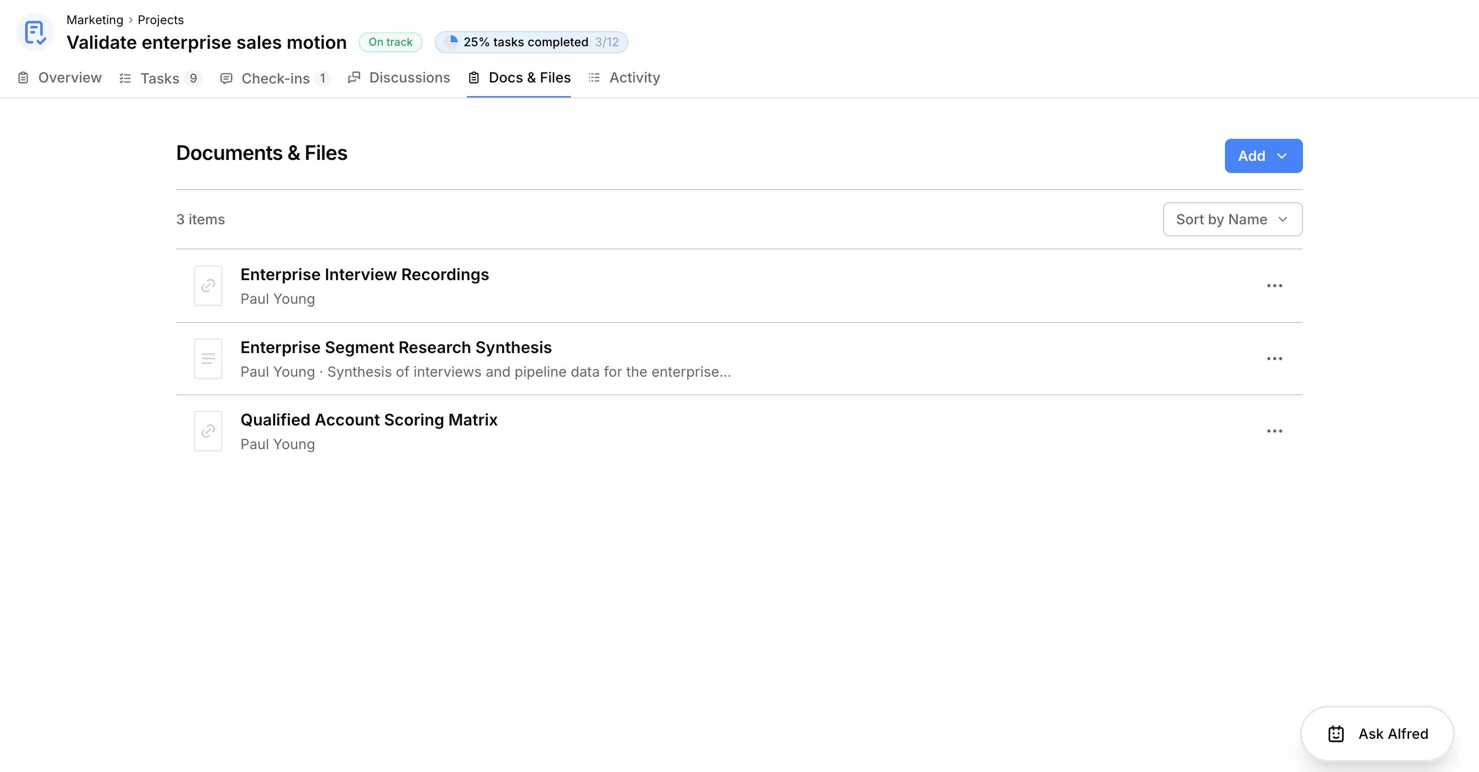 Docs & Files tab on a project with Add menu open