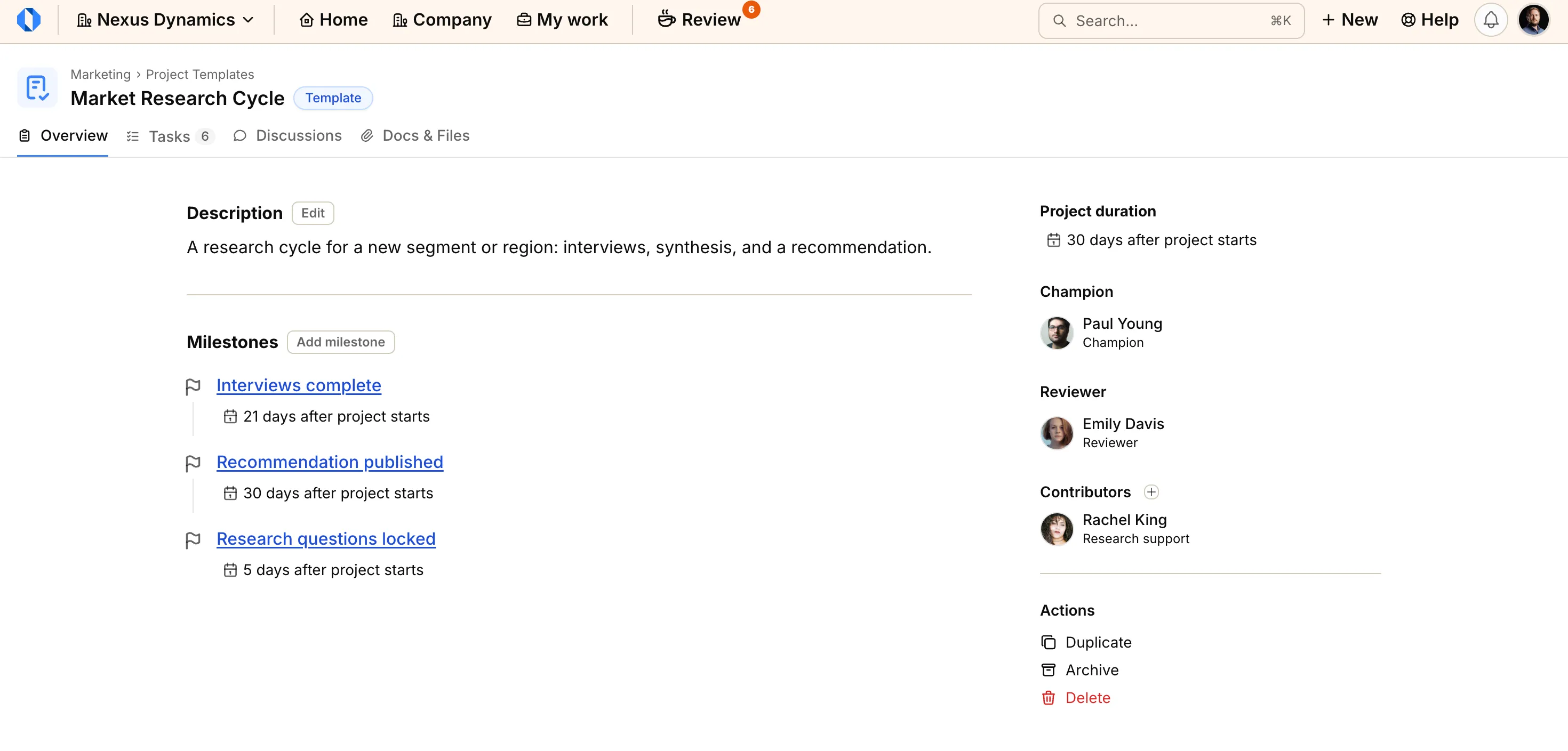 Project Overview Actions menu with Save as template highlighted