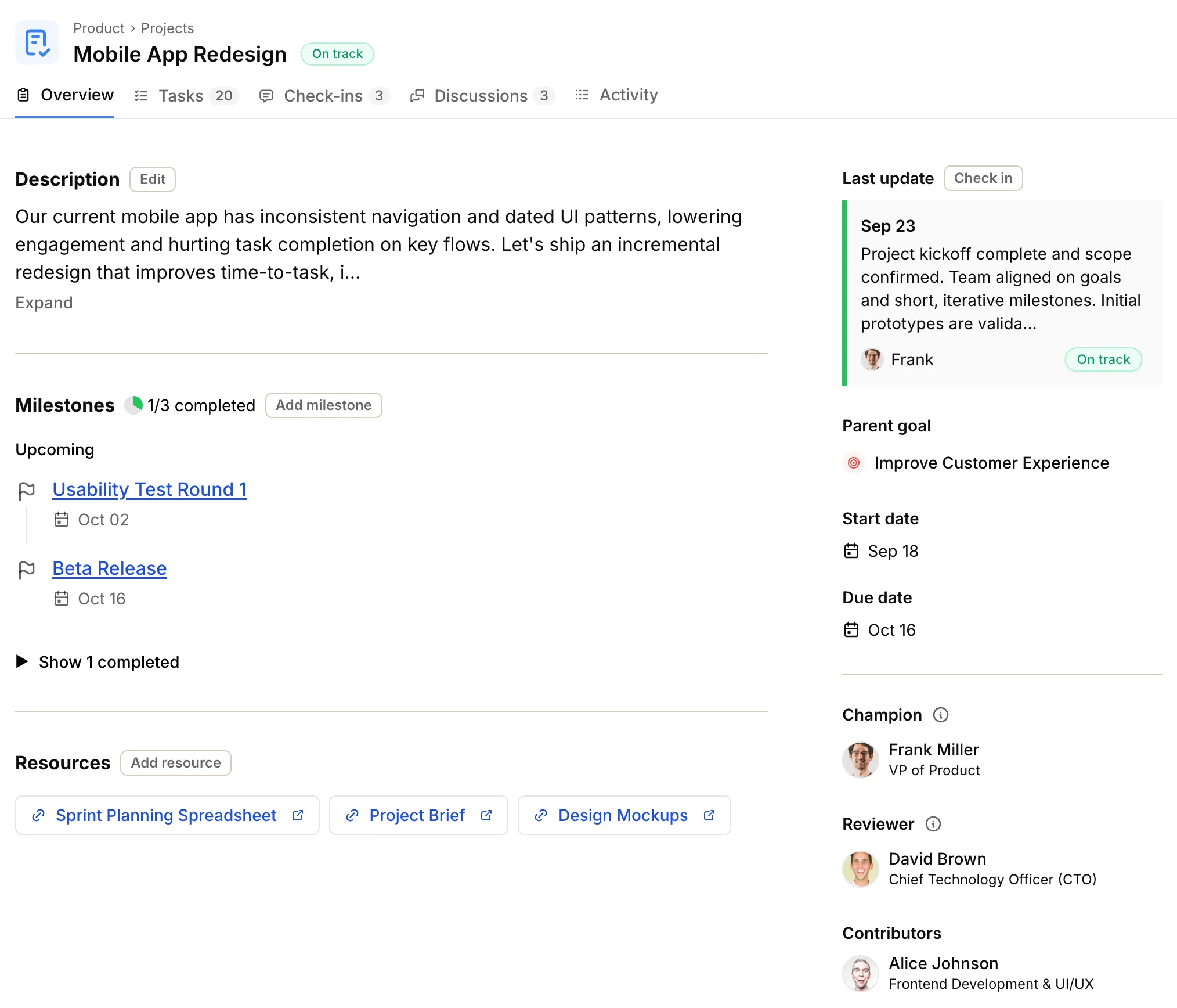 Screenshot: Project overview with status and timeline