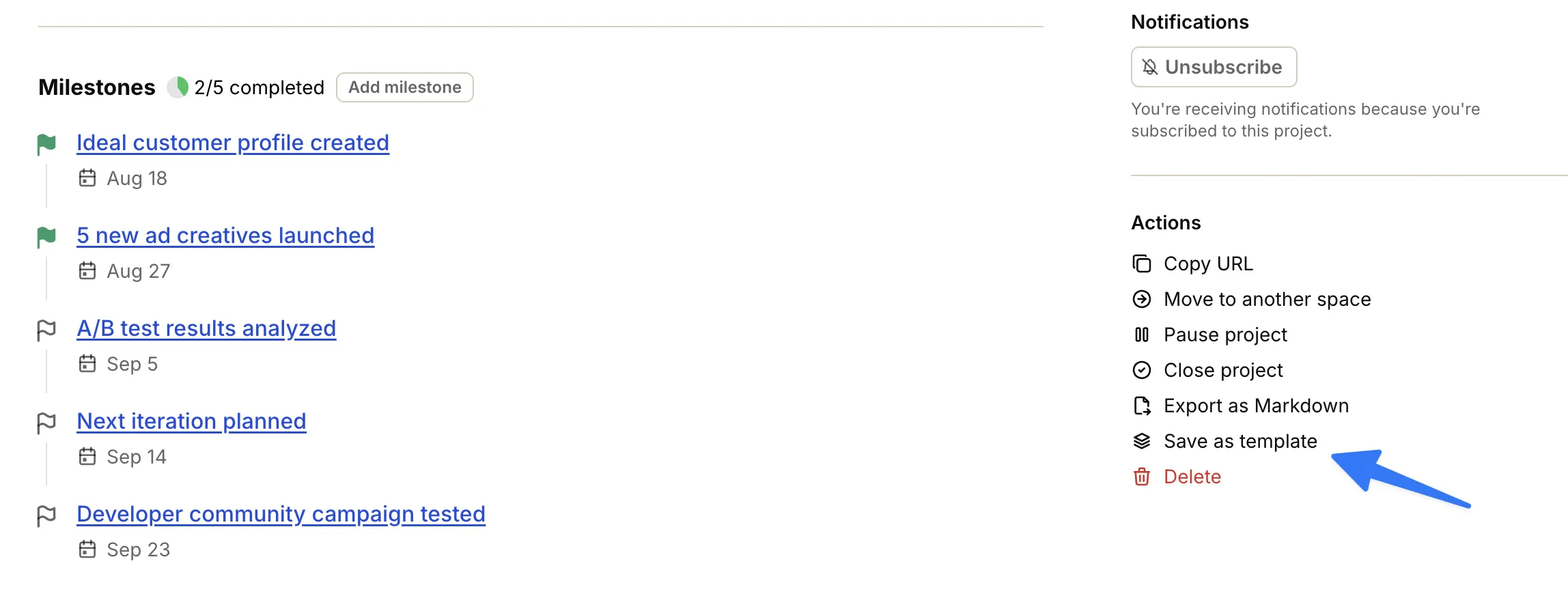 Screenshot: Save project as template modal with Include switches