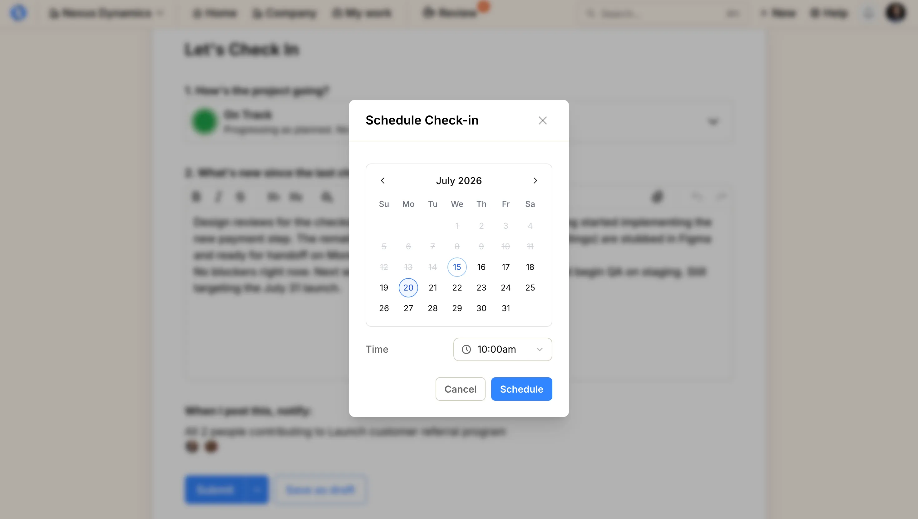 Schedule Check-in modal with date and time selected